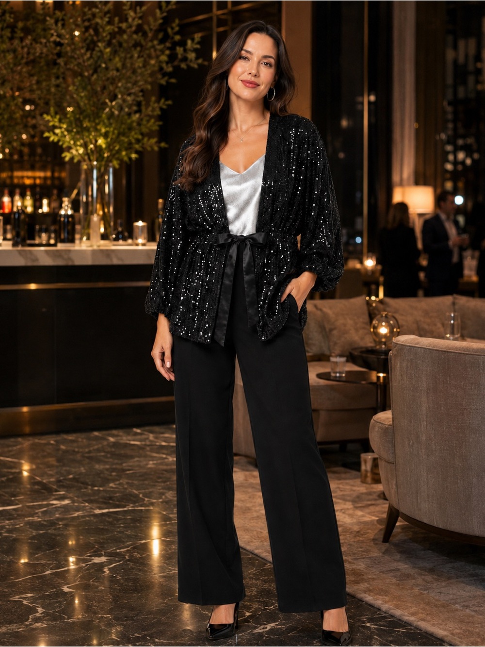 K1 Gibson & Latimer NWT Black Sequin Kimono Cardigan Tie Front Fully Lined M